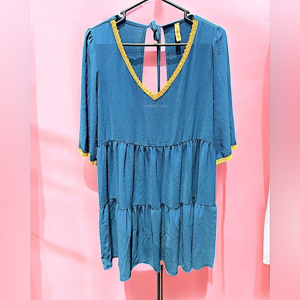 My beloved Blue Dress with Trim MEDIUM length 34in pit to pit 17in